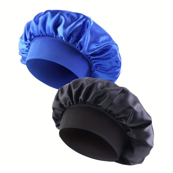 2pcs/set Solid Color Satin Bonnet Classic Elastic Sleeping Night Cap Soft Bath Shower Cap Imitation Silk Elastic Hair Bonnets For Women - Image 5