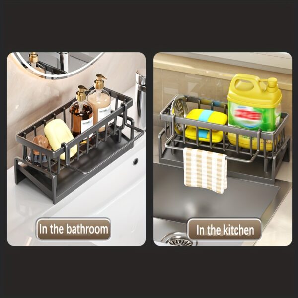 1pc Multifunctional Plastic Dish Cloth and Sponge Holder Rack - Space-Saving Storage with Drip Tray, Rust-Resistant Drainage Stand, and Soap Dispenser Holder - Black Kitchen Sink Caddy Organizer for Home and Kitchen - Image 6