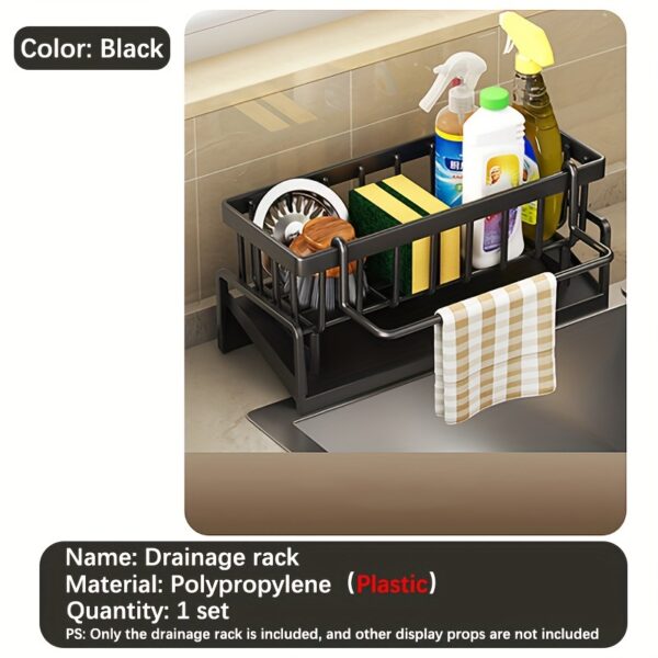 1pc Multifunctional Plastic Dish Cloth and Sponge Holder Rack - Space-Saving Storage with Drip Tray, Rust-Resistant Drainage Stand, and Soap Dispenser Holder - Black Kitchen Sink Caddy Organizer for Home and Kitchen - Image 5