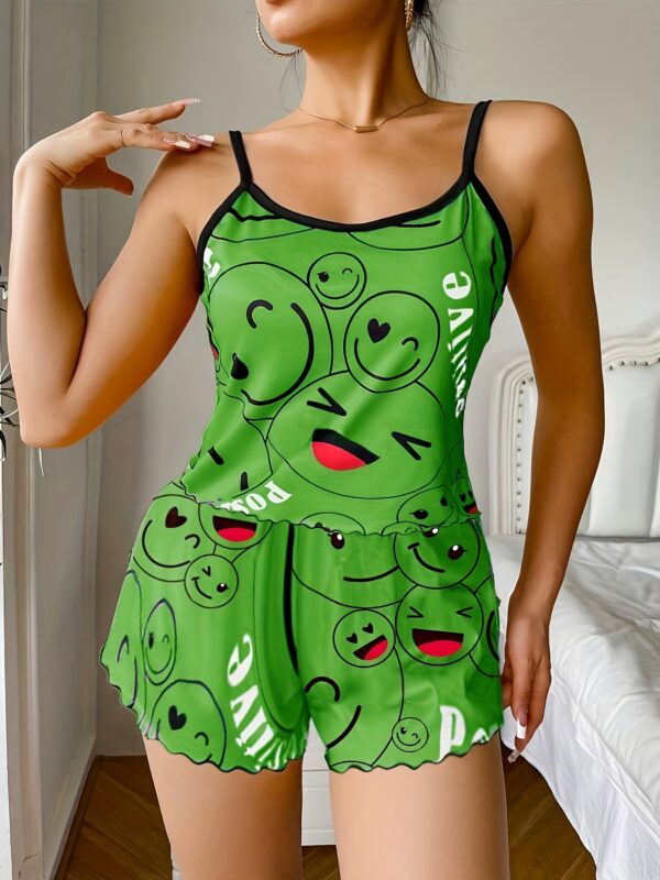Smiling Face Print Pajama Set, Cute Round Neck Backless Cami Top & Elastic Shorts, Women's Sleepwear - Image 7