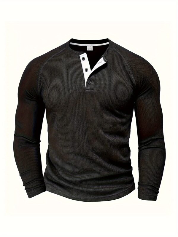 Men's Loose Solid Henley Shirt, Crew Neck Half Button Long Sleeve Shirt For Spring Fall Outdoor Activities - Image 4