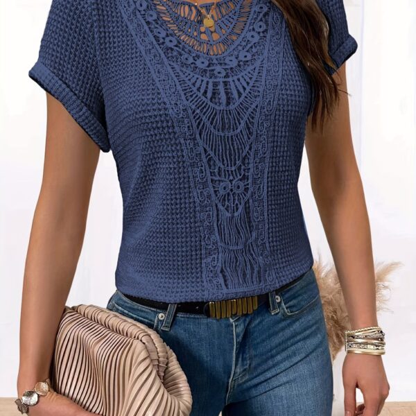 Comfortable Lace Splicing Crew Neck T-shirt, Casual Short Sleeve Top for Spring & Summer, Women's Clothing - Image 10