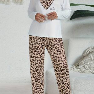 Casual Leopard Pajama Set, Long Sleeve Heart Print Top & Pajama Pants, Women's Sleepwear & Loungewear