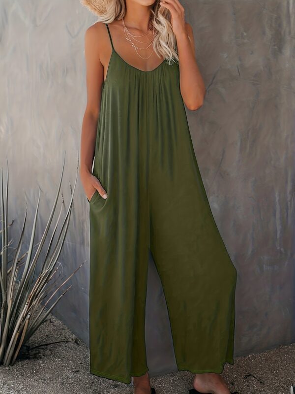 Women'S Light Blue Sleeveless Jumpsuit with Pockets - Casual Polyester Knit Fabric, V-Neck, Summer 2023, Beach Coverup, Beach Coverup Jumpsuit | Casual Style Jumpsuit | Knit Construction - Image 6