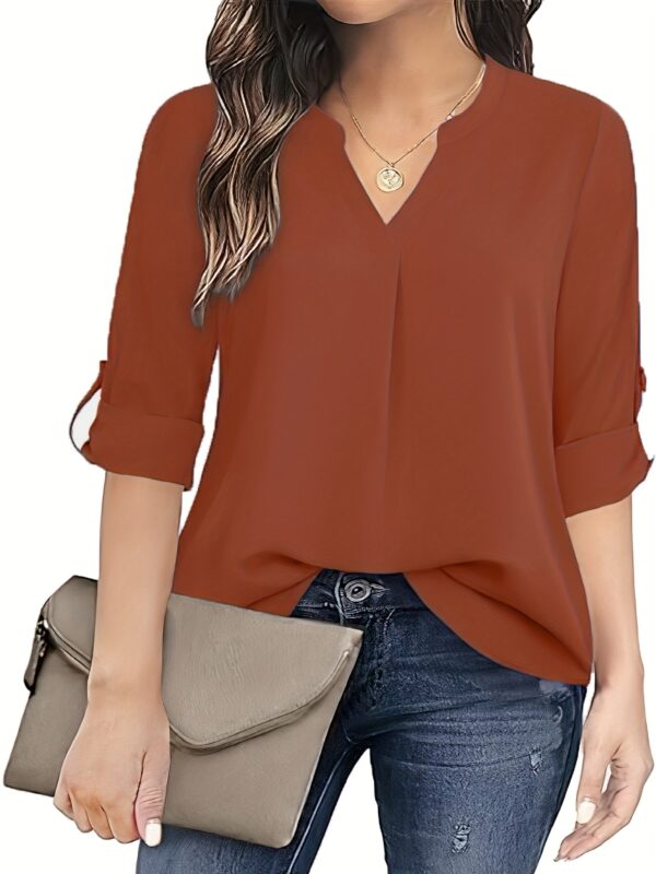 Chic Solid V-Neck Blouse - Fashionable simplicity for Women - Relaxed Casual Long Sleeve Style - Image 7