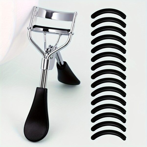 1 Portable Stainless Steel Eyelash Curler with 15 Silicone Pads for Women - No Damage, Lifting, and Shaping for Big Eyes - Image 6