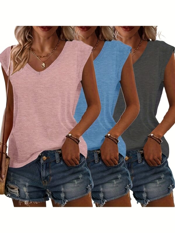 3pcs Women's Casual V-Neck Short Sleeve T-Shirts - Lightweight Summer Tops in Pink, Blue, Grey | Breathable Solid Color Tees for Casual Attire, Relaxed Fit Clothing, Versatile Fashion, Soft Texture, Warm Weather Outfits, Simple Design, Comfortable Materia
