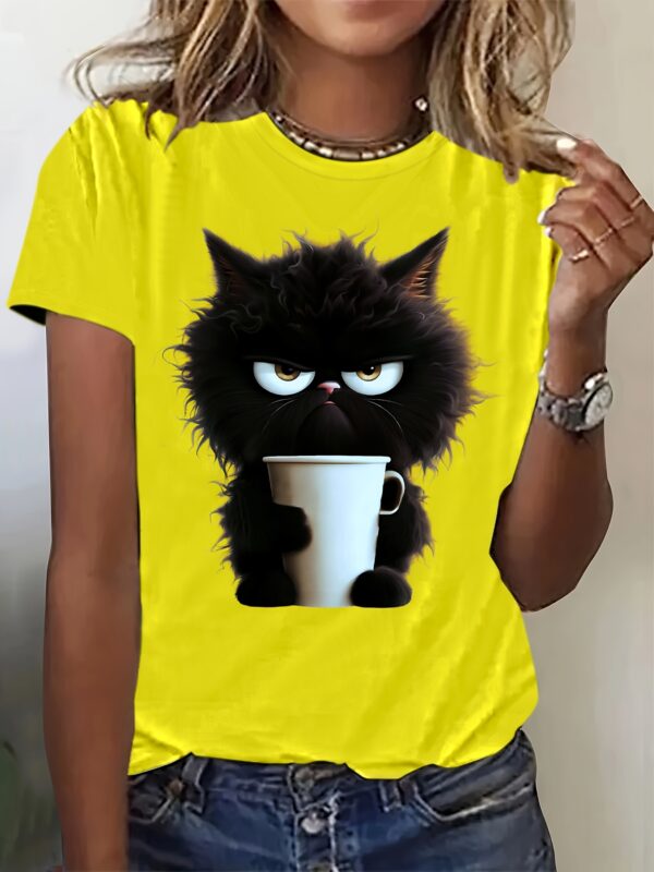Cat Print T-shirt, Casual Short Sleeve Crew Neck Top For Spring & Summer, Women's Clothing - Image 2