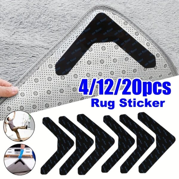 4/12/20pcs Rug Gripper Tape Double Sided Adhesive Non-Slip Rug Pad Tape Stickers Washable Area Rug Pad Carpet Tape Reusable Corner Side Grippers For Hardwood Floors and Tile