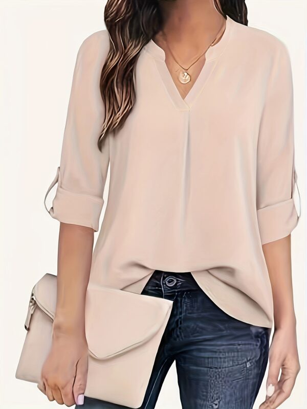Chic Solid V-Neck Blouse - Fashionable simplicity for Women - Relaxed Casual Long Sleeve Style - Image 9