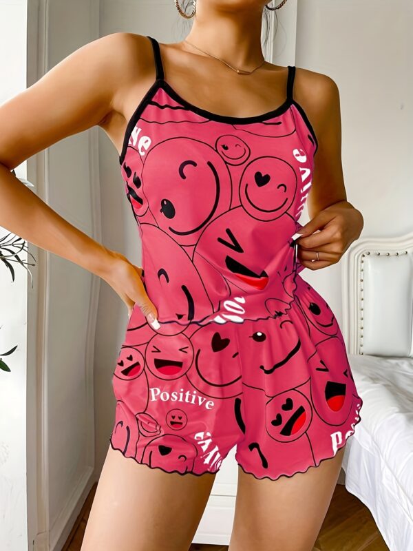 Smiling Face Print Pajama Set, Cute Round Neck Backless Cami Top & Elastic Shorts, Women's Sleepwear - Image 4