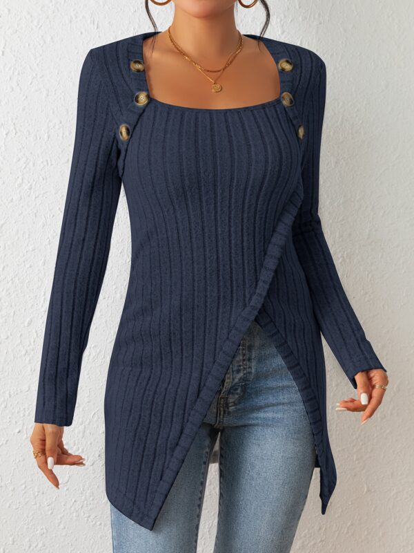 Square Neck Slim Fit Knit Button Decor Slit Hem Slim Fit Casual Long Sleeve T-shirt - Image 5
