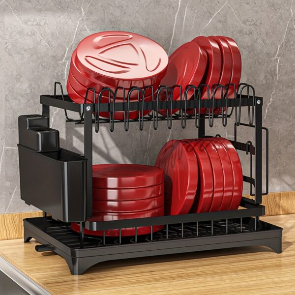 1pc Dish Drying Rack for Kitchen Counter Over The Sink, Detachable Larger Capacity 2-Tier Dish Drying Rack Drainboard with Double-Layer Bowl Rack, Cup Rack, Drain Board, Sticky Board Rack, Cutlery Rack, Black & White - Image 12