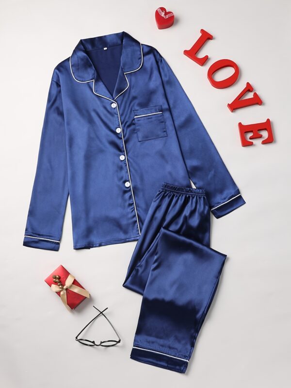 Solid Pajama Set, Long Sleeve Button Up Lapel Top & Pants Pj Set, Women's Sleepwear & Loungewear - Image 3