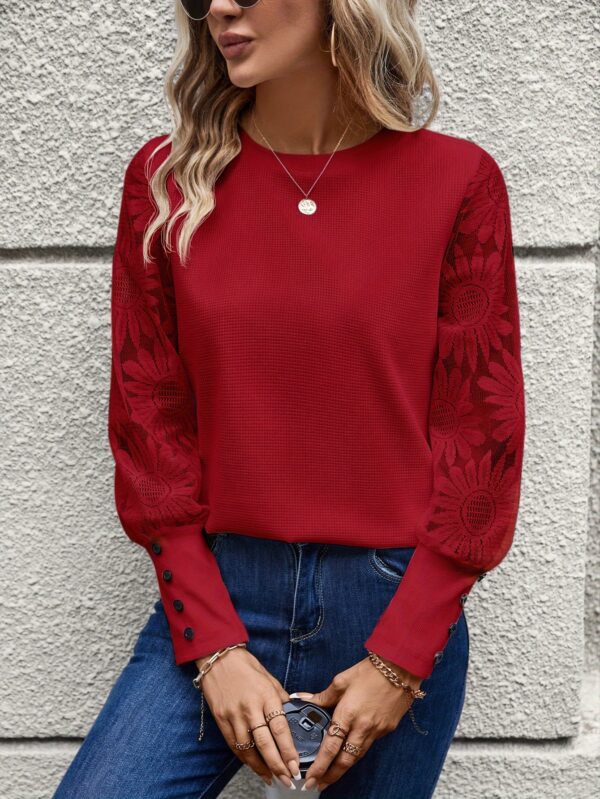 Elegant Floral Lace Crew Neck Long Sleeve T-Shirt - Soft Micro Elastic Polyester Fabric, Contrast Lace Details, Solid Color, Regular Length, Perfect for Spring & Fall - Womens Classic Knit Top - Image 3