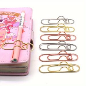6pcs Mixed Color Multifunctional Love Metal Pen Clip, Paper Clip With Pen Buckle, Journal Diary Accessories, Fixed Pen Clip, Pen Hanging
