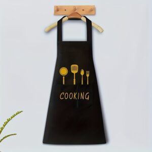 1pc Waterproof & Oil-Proof Cooking Apron with Pockets - Adjustable, Polyester Fabric, Black or Green, Perfect for Kitchen, Coffee Bar, or Restaurant Use