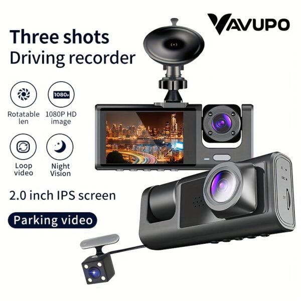 Vavupo 1080P 2&3 Channel Dash Cam for Cars - Front, Inside & Rear View with IR Night Vision, Loop Recording, Wide Angle Lens, and 5.08cm IPS Display - Image 3