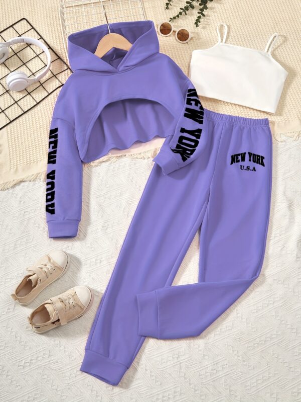 3pcs Girl's Crop Hoodie & Cami Top & Sweatpants Set, NEW YORK Print, Long Sleeve, Casual, Trendy Outfit for Spring Fall Winter - Image 7