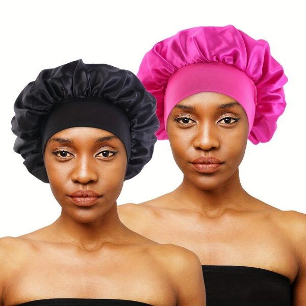 2pcs/set Solid Color Satin Bonnet Classic Elastic Sleeping Night Cap Soft Bath Shower Cap Imitation Silk Elastic Hair Bonnets For Women - Image 2