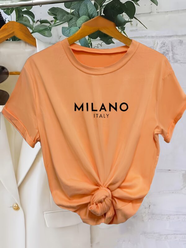 Milano Letter Print T-shirt, Casual Crew Neck Short Sleeve Top For Spring & Summer, Women's Clothing - Image 7