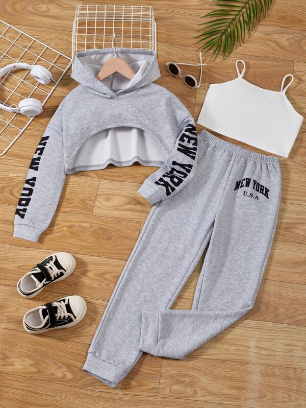 3pcs Girl's Crop Hoodie & Cami Top & Sweatpants Set, NEW YORK Print, Long Sleeve, Casual, Trendy Outfit for Spring Fall Winter