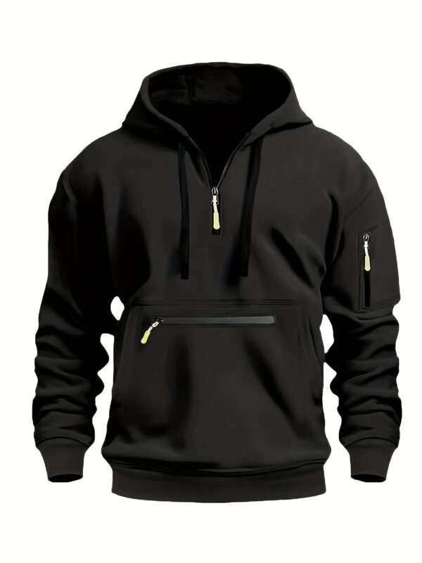 Men's Cozy Solid Color Long Sleeve Hooded Sweatshirt - Soft Casual Wear for Fall/Winter - Kangaroo Pocket, Half-Zip Design, Daily Wear Essential - Image 8
