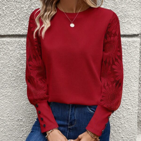 Elegant Floral Lace Crew Neck Long Sleeve T-Shirt - Soft Micro Elastic Polyester Fabric, Contrast Lace Details, Solid Color, Regular Length, Perfect for Spring & Fall - Womens Classic Knit Top - Image 14