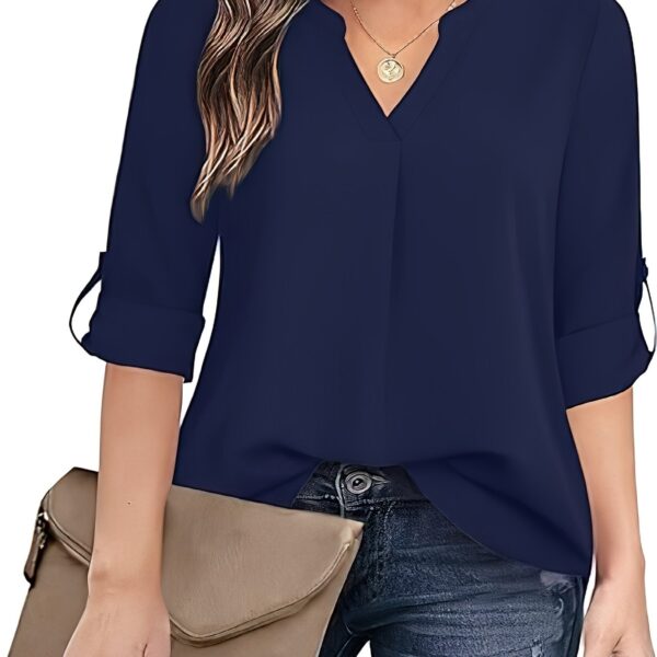 Chic Solid V-Neck Blouse - Fashionable simplicity for Women - Relaxed Casual Long Sleeve Style - Image 16