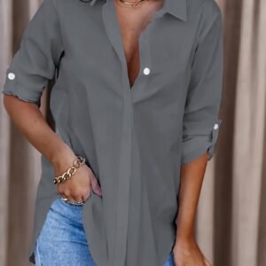 Solid Button Front Shirt, Casual Turn Down Collar Office Work Shirt, Women's Clothing