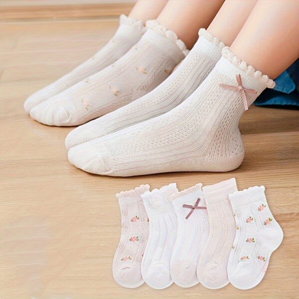 5pcs Girls' Breathable Mesh Socks with Cute Bowknots - Floral Pattern, Perfect for Spring/Summer - Image 4