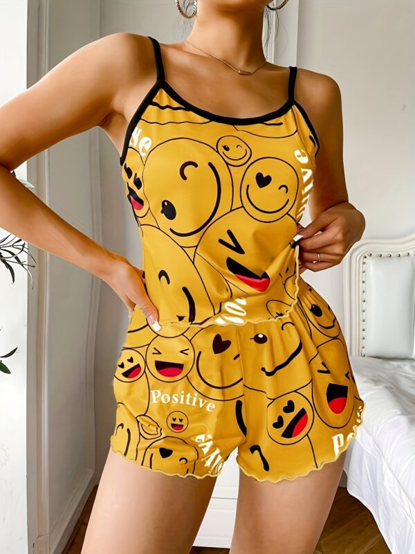 Smiling Face Print Pajama Set, Cute Round Neck Backless Cami Top & Elastic Shorts, Women's Sleepwear - Image 6