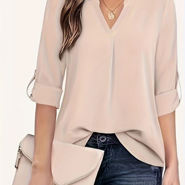 Chic Solid V-Neck Blouse - Fashionable simplicity for Women - Relaxed Casual Long Sleeve Style - Image 12