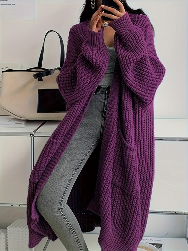 Solid Open Front Cardigan, Casual Long Sleeve Drop Shoulder Long Length Outwear, Women's Clothing - Image 3