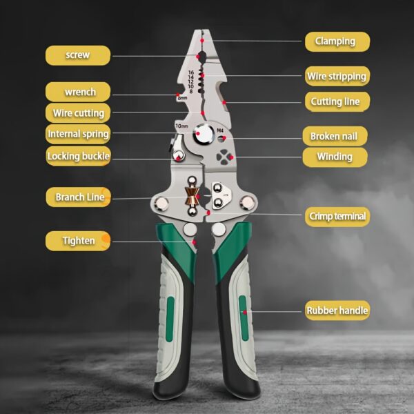 Foldable Multi-Tool Pliers for Electricians - Durable High Carbon Steel with Wire Strippers, Cutters, and Crimper - Compact Design for On-the-Go Electrical Work - Green & Gray Handles, Versatile Strippers | Ergonomic Handles | Multifunctional Tool - Image 10