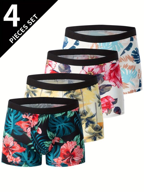 4pcs Flower Pattern Men's Underwear Boxers, Casual Boxer Briefs Shorts, Breathable Comfy Stretchy Boxer Sports Shorts - Image 2