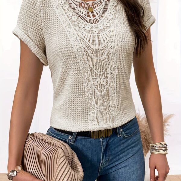 Comfortable Lace Splicing Crew Neck T-shirt, Casual Short Sleeve Top for Spring & Summer, Women's Clothing - Image 9