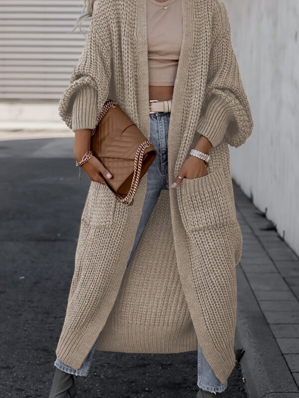 Solid Open Front Pocket Cardigan, Casual Long Sleeve Long Length Sweater For Fall & Winter, Women's Clothing - Image 4