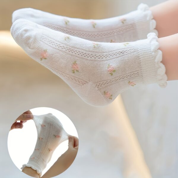 5pcs Girls' Breathable Mesh Socks with Cute Bowknots - Floral Pattern, Perfect for Spring/Summer - Image 3