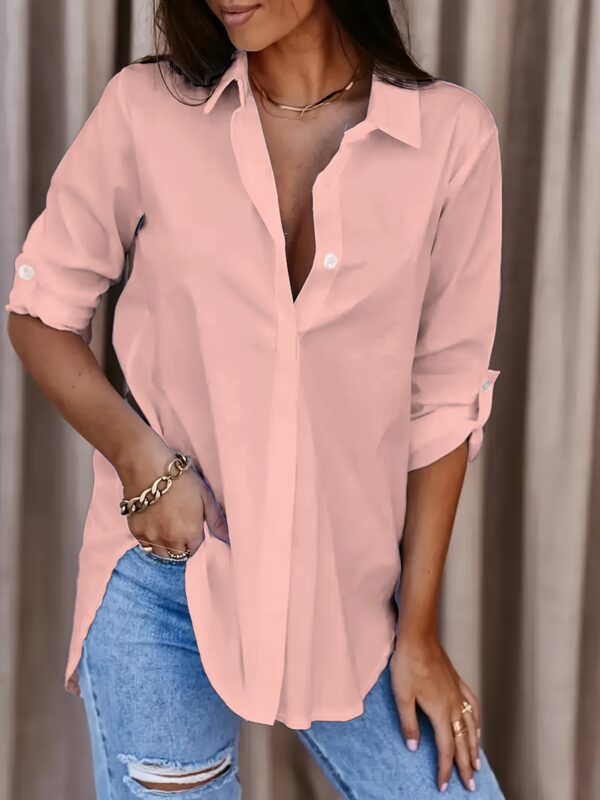 Solid Button Front Shirt, Casual Turn Down Collar Office Work Shirt, Women's Clothing - Image 9