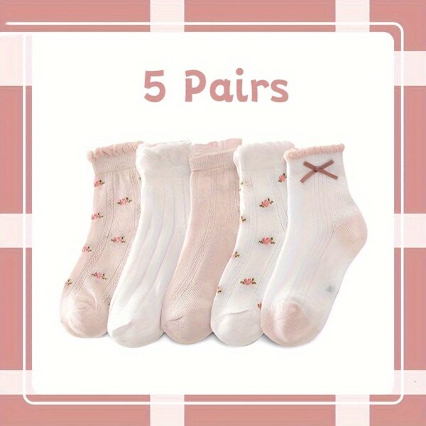 5pcs Girls' Breathable Mesh Socks with Cute Bowknots - Floral Pattern, Perfect for Spring/Summer - Image 2