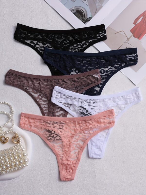 5pcs for Women, Mid-Rise, Transparent Floral Design, Sexy Lingerie, Breathable Underwear In - Image 4