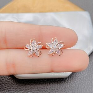 Charming Copper Flower Design Synthetic Zirconia Inlaid Stud Earrings Sparkling Petal Stud Earrings