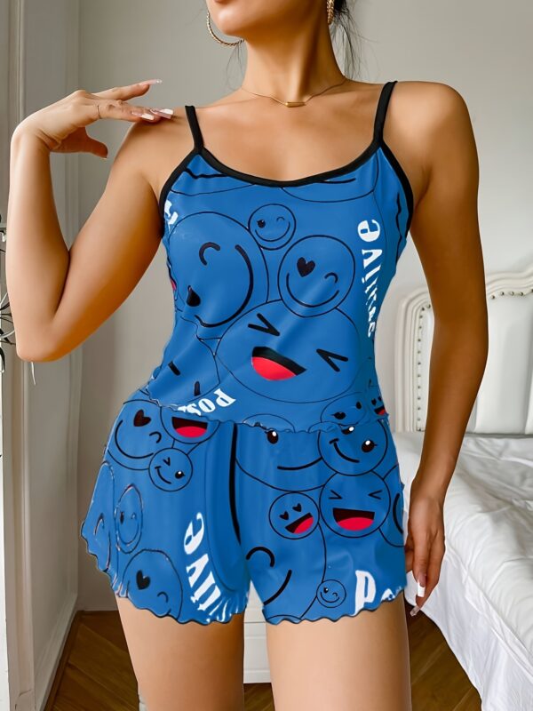 Smiling Face Print Pajama Set, Cute Round Neck Backless Cami Top & Elastic Shorts, Women's Sleepwear - Image 3