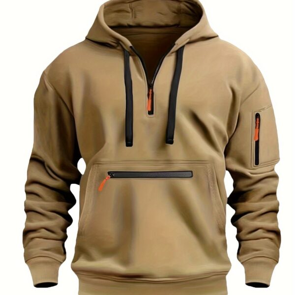 Men's Cozy Solid Color Long Sleeve Hooded Sweatshirt - Soft Casual Wear for Fall/Winter - Kangaroo Pocket, Half-Zip Design, Daily Wear Essential - Image 12