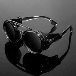 KEITHION Vintage Steampunk Round Glasses, Retro Eyewear for Men with Faux Leather Side Glasses