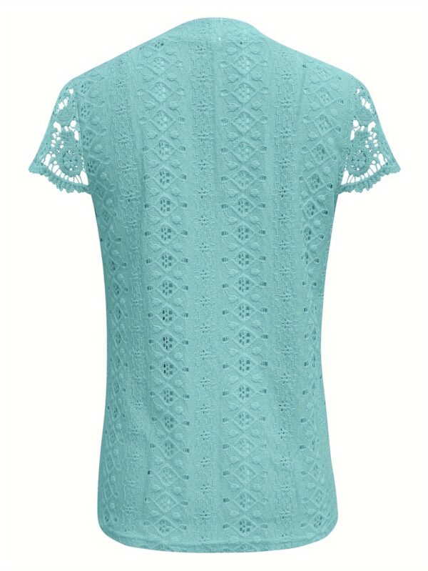 Women's Black V-Neck Lace Trim Button-Front T-Shirt - Breathable Short Sleeve Summer Top with Six-Button Placket, Regular Fit Casual Tee for Casual Attire, Elegant Button Details - Image 10