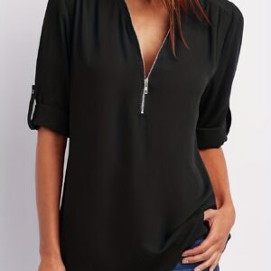 Solid V Neck Blouse, Casual Ruched Rollable Sleeve Half Zip Blouse, Women's Clothing