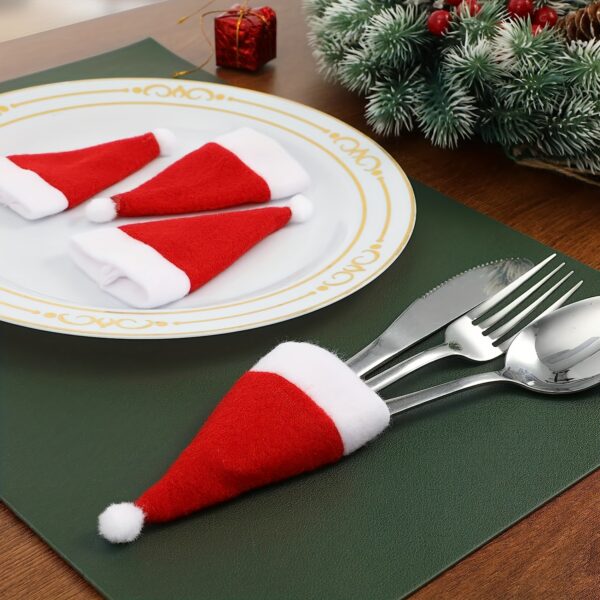 10pcs, Christmas Knife And Fork Small Hat, 6*12cm Red Mini Christmas Hat, Wine Bottle Knife And Fork Table Decoration, Suitable For Winter Christmas And All Seasons, Furry Christmas Accessories, Kitchen Accessories, Kitchen Dining Decoration - Image 2