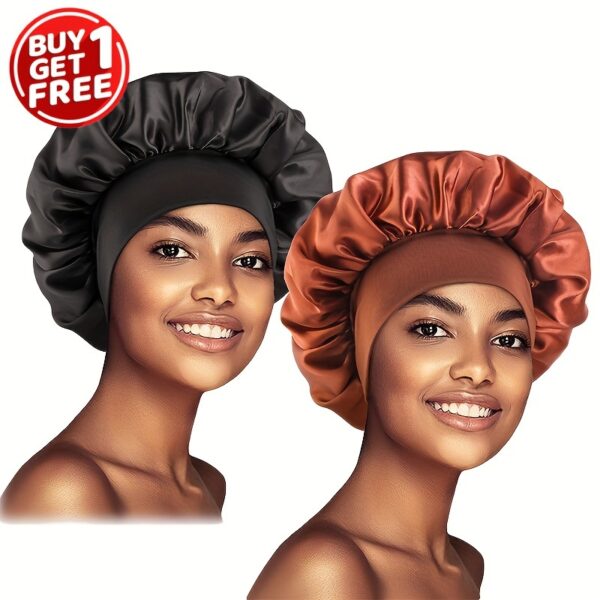 2pcs/set Solid Color Satin Bonnet Classic Elastic Sleeping Night Cap Soft Bath Shower Cap Imitation Silk Elastic Hair Bonnets For Women